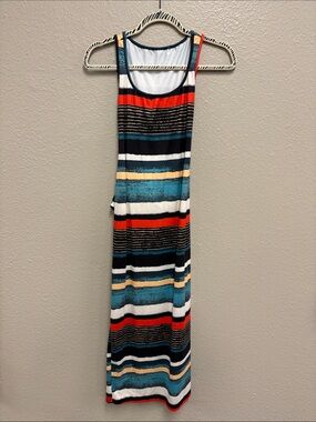 Striped Sleeveless Maxi Dress in Teal, Red, Black & Cream